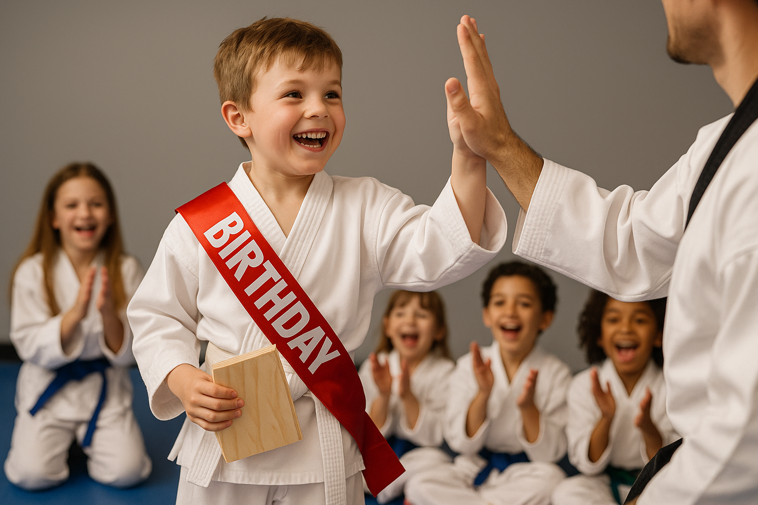 Board break action shot at a martial arts birthday party