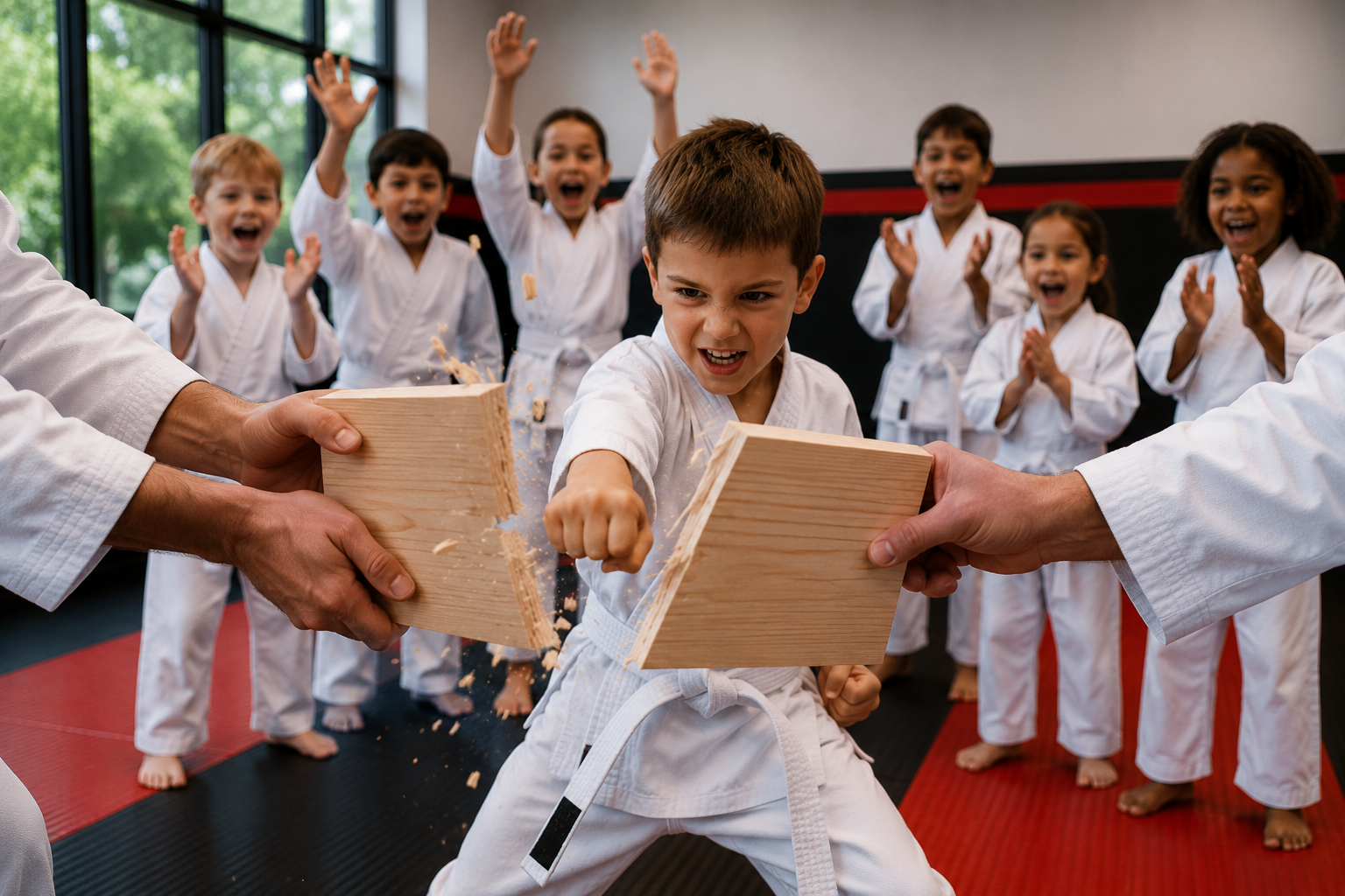 Birthday guest breaking a board with an instructor