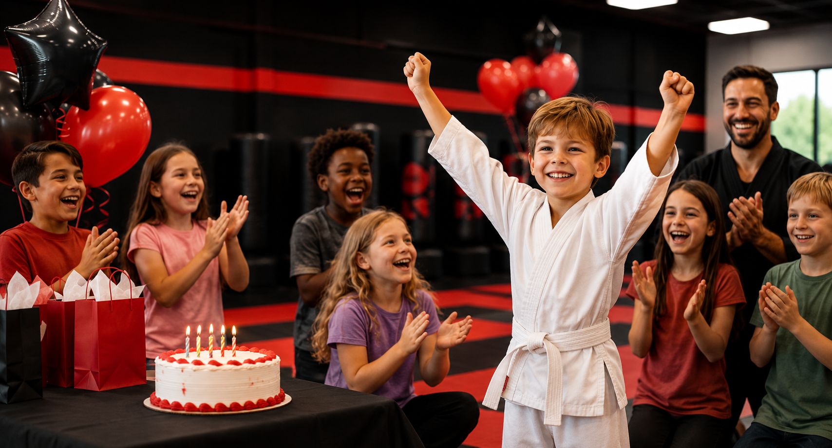 Kids cheering at a martial arts birthday party